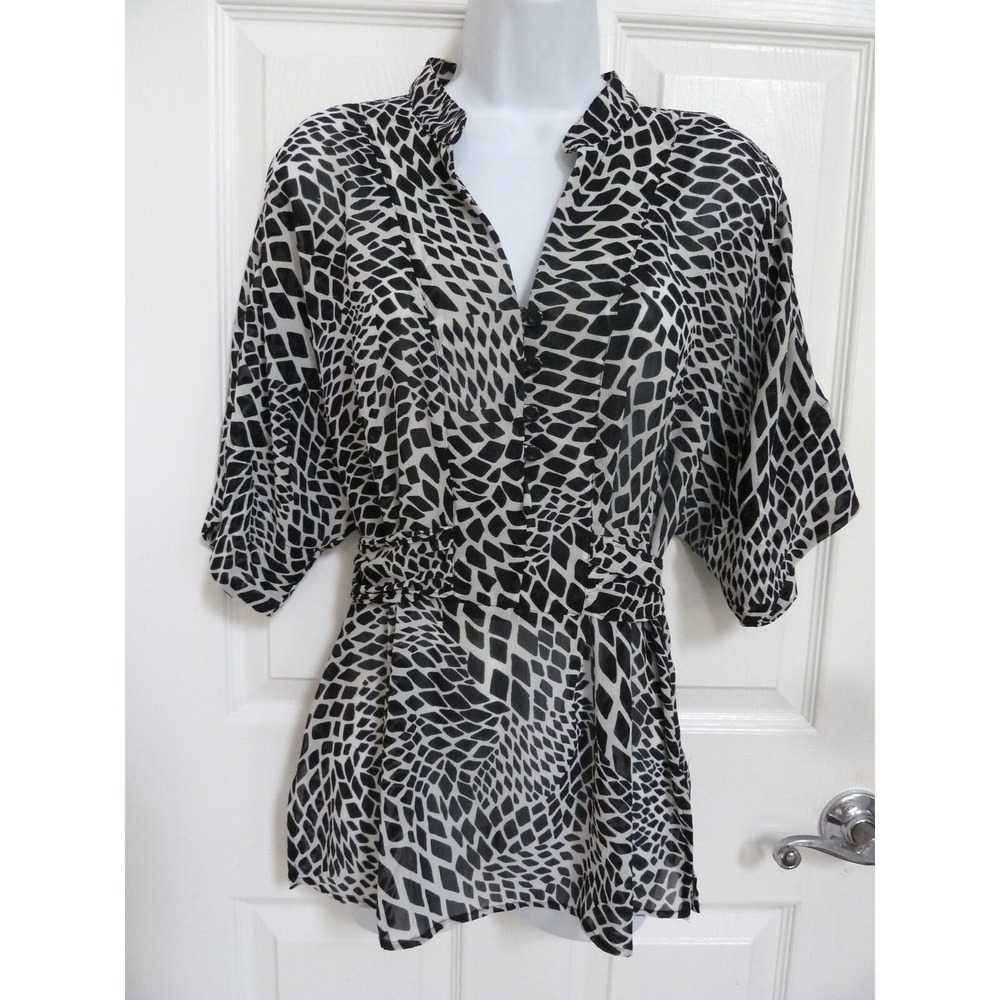 Emma James Women Sz 14 Blouse Geometric Black White Chiffon Tie Back V-Neck Top
